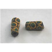 African Ghana Beads Black w/ Green & Orange Dots Opaque 20x8mm ea