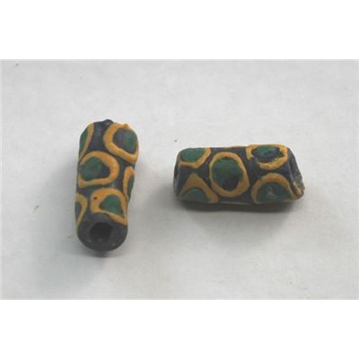 African Ghana Beads Black w/ Green & Orange Dots Opaque 20x8mm ea