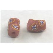 African Ghana Beads Terracotta w/ Lt Blue Flowers Opaque 15x13mm ea