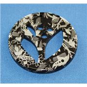 Disk 40mm 1 Hole Black/Silver Print Blooms Opaque  ea