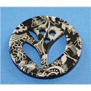 Disk 40mm 2 Hole Black/Silver Print Blooms Opaque  ea