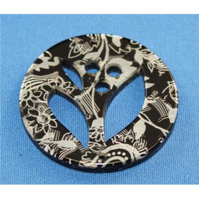 Disk 40mm 2 Hole Black/Silver Print Blooms Opaque  ea