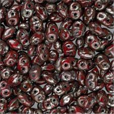 Superduo 2.5x5mm Opaque Coral Red Picasso approx 24g.