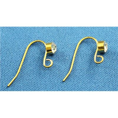 Earring Hook Clear Rhinestone Gold (per pair)