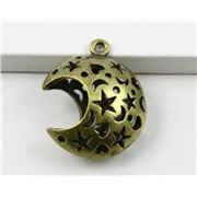 Pendant Crescent  Moon w/ Star Pattern Antique Brass 30mm ea.