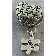 Charm Heart Puzzle with Red Rhinestone Antique Silver  each