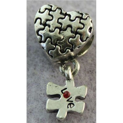 Charm Heart Puzzle with Red Rhinestone Antique Silver  each