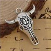 Pendant Boho Cow Skull w/ Flower Antique Silver 32x26mm ea