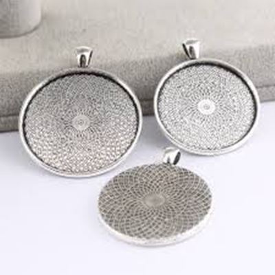 Cabochon Setting Tibetan Style Flat Round Tray Antique Silver 35mm ea.
