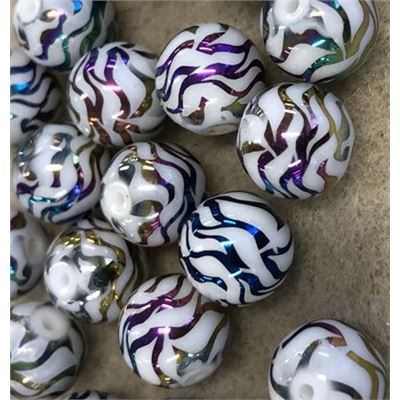 Electroplate Glass Beads Round Stripe Multi-coloured  10mm ea