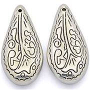 Pendant Carved Tear Drop Silver 36x17x7mm each