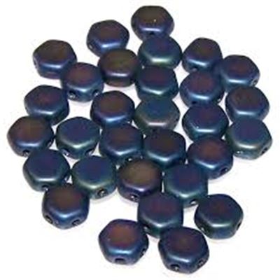 Czech Glass 2 Hole Honeycomb 6mm Jet Blue Iris Matte Strand (approx 30 Beads)