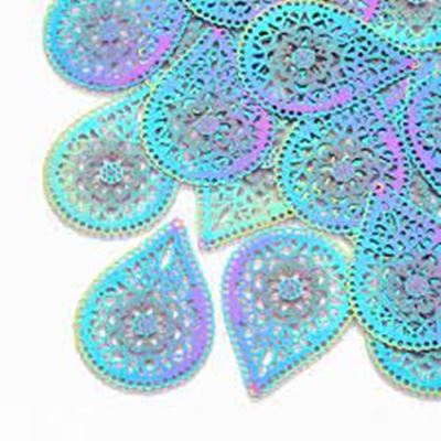 Teardrop Rainbow Multi-colour Filigree Stainless Steel 48x35mm each