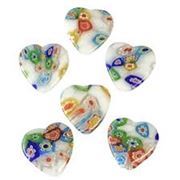 Millefiori Hearts White with coloured flowers 10x11mm each