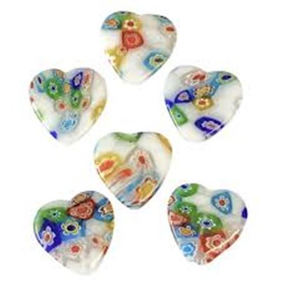 Millefiori Hearts White with coloured flowers 10x11mm each