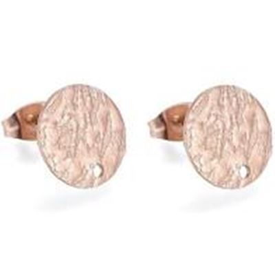 Earrings Stud Textured Round Flat Rose Gold w/ Butterfly Back. Stainless Steel 10x1mm per pair.