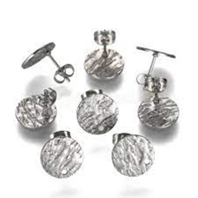 Earrings Stud Textured Flat Round Antique Silver w/ Butterfly Back. Stainless Steel 10x1mm per pair
