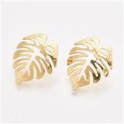 Earrings Post Stud Leaf Gold w/ Steel Pin & loop 28x24mm per pair