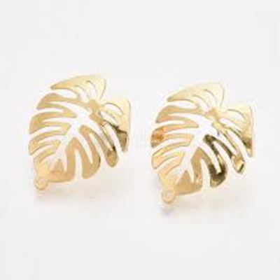 Earrings Post Stud Leaf Gold w/ Steel Pin & loop 28x24mm per pair