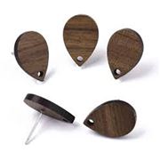 Earrings Stud Walnut Wood Teardrop w/ Butterfly Back. Stain. Steel pin 17x11.5mm per pair