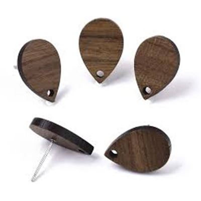 Earrings Stud Walnut Wood Teardrop w/ Butterfly Back. Stain. Steel pin 17x11.5mm per pair
