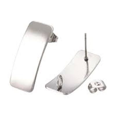 Earrings Stud Curved Rectangle w/ Butterfly Back. Stainless Steel 26x10mm per pair