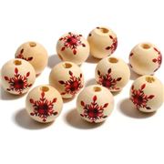Christmas Beads Wood Red & Black Snowflakes Round 16mm Hole 4mm each