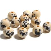 Christmas Beads Wood Black & White Reindeer Round 16mm Hole 4mm each