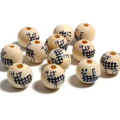 Christmas Beads Wood Black & White Reindeer Round 16mm Hole 4mm each