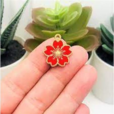 Charm Alloy Sakura Flower Red Enamel 21x17mm Hole 2mm each