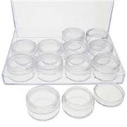 Keeper Jars; Storage box with 12 jars and lids. 13x10x2.3cm Jar 3x1.8cm.