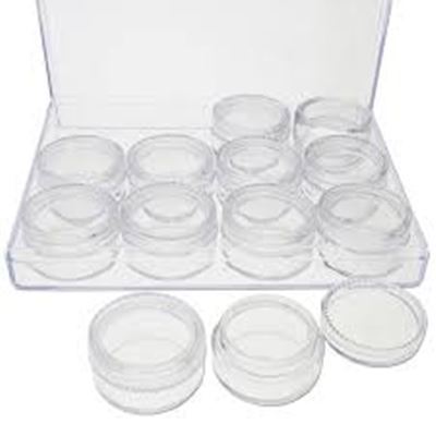 Keeper Jars; Storage box with 12 jars and lids. 13x10x2.3cm Jar 3x1.8cm.