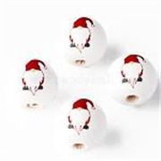 Painted Natural Wood Beads w/ Father Christmas Red/White 16mm Hole 4mm. Each