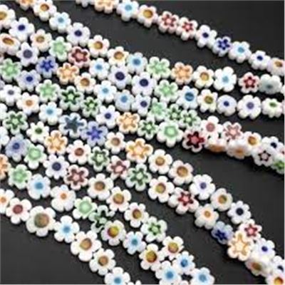Strand Millefiori Flowers White 6x3mm (approx 64 beads) per strand
