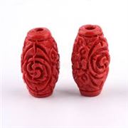 Cinnabar Barrel Carved Flowers 16x10mm each