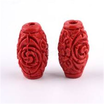 Cinnabar Barrel Carved Flowers 16x10mm each