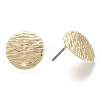 Earring Stud Gold Textured Round with Steel Pin. 14mm Hole 0.7mm Per Pair