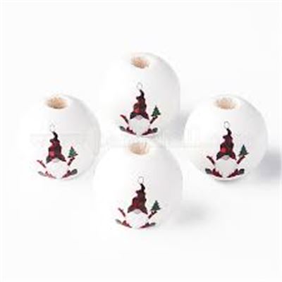Painted Natural Wood Beads w/ Santa & Tree Red/White/Green 16mm Hole 4mm. Each