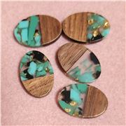 Pendant Resin/Walnut w/ Gold Foil Turquoise Oval 23x15xx3mm Hole 1.5mm each