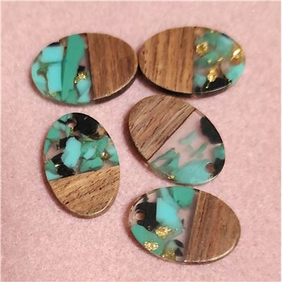 Pendant Resin/Walnut w/ Gold Foil Turquoise Oval 23x15xx3mm Hole 1.5mm each