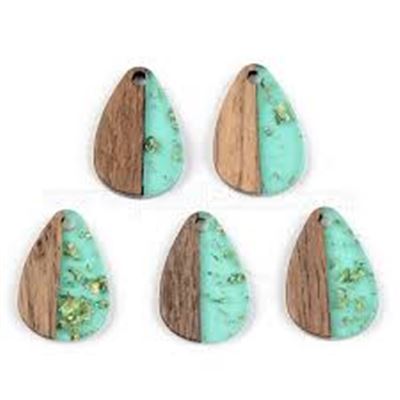 Pendant Resin/Walnut w/ Gold Foil Dark Turquoise Teardrop 22x14x3mm Hole 1.5mm each
