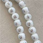 White Glass Bead With Silver Snowflake 10mm each